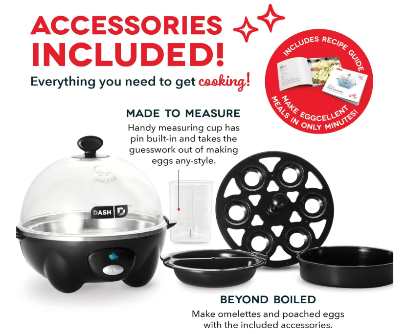 DASH Rapid Egg Cooker: 6 Egg Capacity Electric Egg Cooker for Hard Boiled Eggs, Poached Eggs, Scrambled Eggs, or Omelets with Auto Shut Off Feature - Black