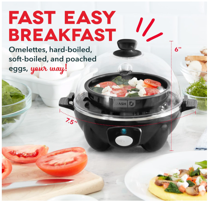 DASH Rapid Egg Cooker: 6 Egg Capacity Electric Egg Cooker for Hard Boiled Eggs, Poached Eggs, Scrambled Eggs, or Omelets with Auto Shut Off Feature - Black