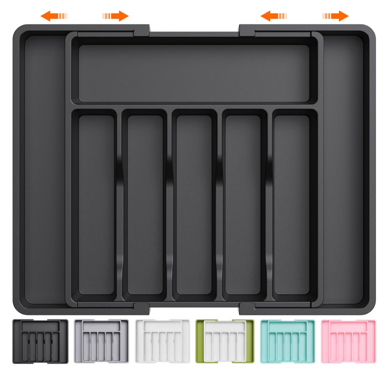 Lifewit Large Silverware Drawer Organizer, Expandable Utensil Tray for Kitchen, BPA Free Flatware and Cutlery Holder, Adjustable Plastic Storage for Spoons Forks Knives, Large, Black