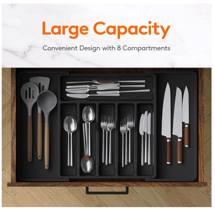 Lifewit Large Silverware Drawer Organizer, Expandable Utensil Tray for Kitchen, BPA Free Flatware and Cutlery Holder, Adjustable Plastic Storage for Spoons Forks Knives, Large, Black