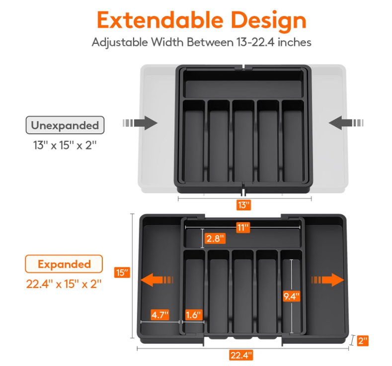 Lifewit Large Silverware Drawer Organizer, Expandable Utensil Tray for Kitchen, BPA Free Flatware and Cutlery Holder, Adjustable Plastic Storage for Spoons Forks Knives, Large, Black