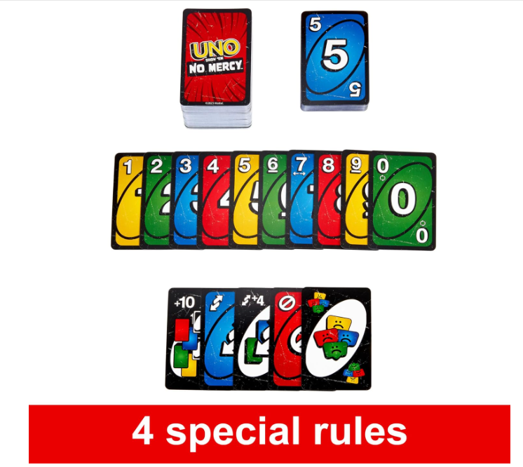 Mattel Games UNO Show ?em No Mercy Card Game for Kids, Adults & Family Parties and Travel With Extra Cards, Special Rules and Tougher Penalties., HWV18