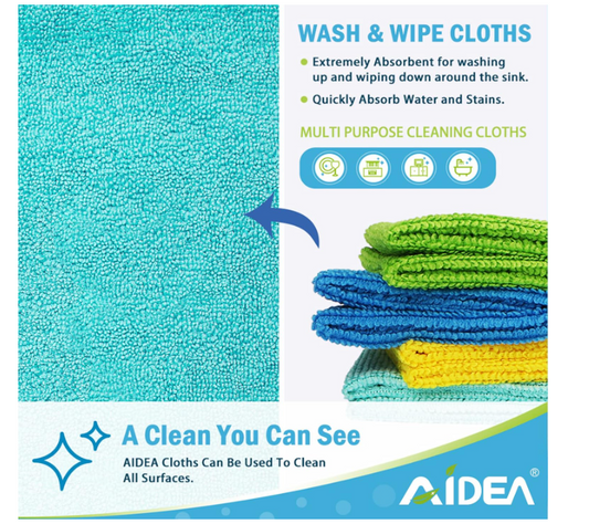 AIDEA Microfibre Cloth Pack of 8, Multifunctional Reusable Cleaning Cloths, Lint Free Streak Free Washable Cloth Duster for House, Kitchen, Car, Motorbike, Windows 30 x 30 cm