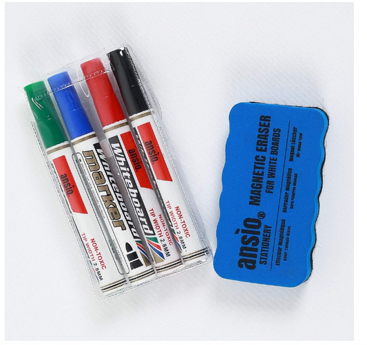 ANSIO Whiteboard Pens, Markers Set with Magnetic Eraser, White Board Markers, Magnetic Eraser, (White Board Pens set + Whiteboard Eraser)