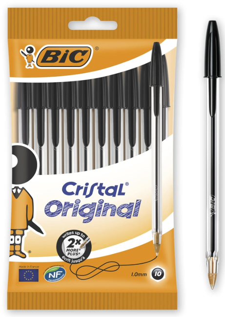 Bic Cristal Original Ballpoint Pens, Smudge-free with Medium Point (1.0 mm), Black, Ideal for Office and School, Pack of 10