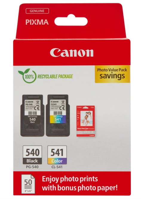 Canon Ink & Paper Multipack - PG-540/CL-541 Genuine Printer Ink Cartridges 2 Pack (1 x Black, 1 x Colour) & 4x6 Photo Paper (50 x Sheets)