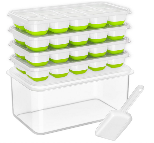 DOQAUS Ice Cube Tray with Lid and Bin, 4 Pack Silicone Plastic Ice Cubes Trays for Freezer with Box/Container, Stackable with Storage Iced Bucket Kits, Scoop, for Soup, Food, Cocktail, Coffee