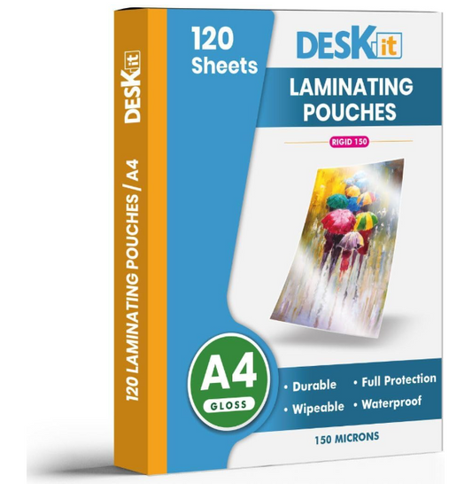 120 Sheets Deskit Laminating Pouches A4, Gloss,150 Microns - Clear and Durable Presentations - Ideal Rigidity for Everyday Use