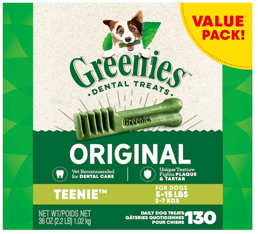 Greenies Original Teenie Natural Dental Care Dog Treats, 36 oz. Pack (130 Treats)