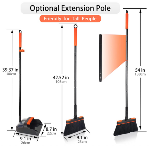JEHONN Dustpan and Brush Set Long Handled, Tall 180 Degree Rotating Sweeping Brush, Household Dust Pan with Comb Teeth for Indoor Outdoor Garden Home Room Kitchen Office Lobby