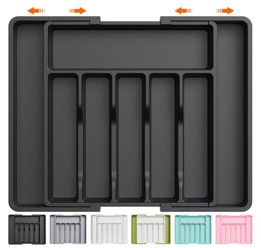 Lifewit Large Silverware Drawer Organizer, Expandable Utensil Tray for Kitchen, BPA Free Flatware and Cutlery Holder, Adjustable Plastic Storage for Spoons Forks Knives, Large, Black