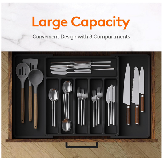 Lifewit Large Silverware Drawer Organizer, Expandable Utensil Tray for Kitchen, BPA Free Flatware and Cutlery Holder, Adjustable Plastic Storage for Spoons Forks Knives, Large, Black