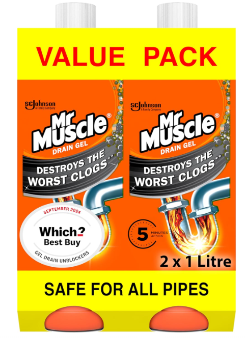 Mr Muscle Drain Unblocker, Sink & Drain Cleaner, Fast Acting Heavy Duty Gel Formula, Dissolves Clogs, Works 3x Better Than Bleach, Safe for All Pipes, Duo Pack, (2 x 1L)