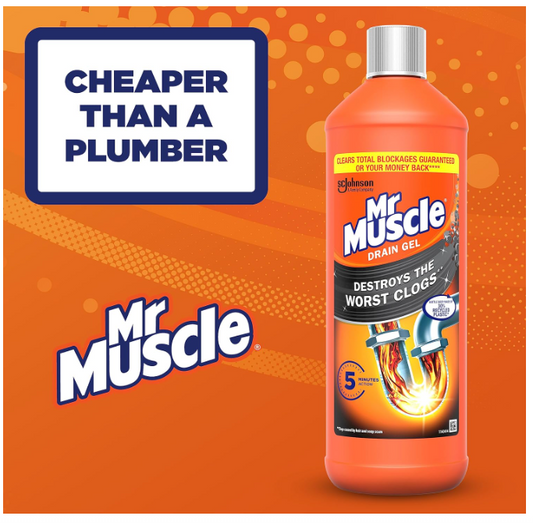 Mr Muscle Drain Unblocker, Sink & Drain Cleaner, Fast Acting Heavy Duty Gel Formula, Dissolves Clogs, Works 3x Better Than Bleach, Safe for All Pipes, Duo Pack, (2 x 1L)