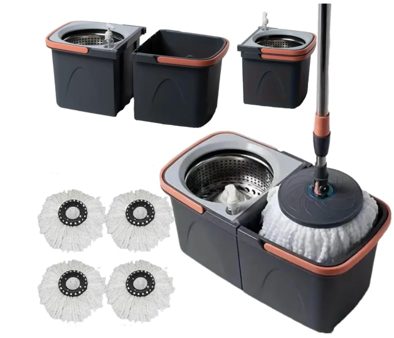 SWISSPACK Revolving Spin Mop and Bucket With .4. Extra Pads Perfect For Easy Cleaning. Clean and Dirty Water Separated For Perfect Finish (ORANGE-GREY)