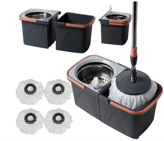 SWISSPACK Revolving Spin Mop and Bucket With .4. Extra Pads Perfect For Easy Cleaning. Clean and Dirty Water Separated For Perfect Finish (ORANGE-GREY)