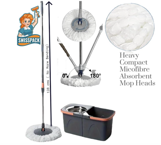 SWISSPACK Revolving Spin Mop and Bucket With .4. Extra Pads Perfect For Easy Cleaning. Clean and Dirty Water Separated For Perfect Finish (ORANGE-GREY)