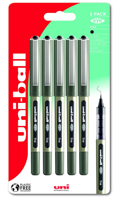 Uni-ball UB-157 Eye Black Rollerball Pens. Premium Fine 0.7mm Ballpoint Tip for Super Smooth Handwriting, Drawing, Art, Crafts and Colouring. Fade and Water Resistant Liquid Uni Super Ink. Pack of 5