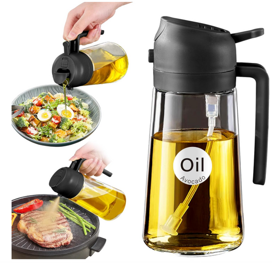 YARRAMATE Olive Oil Dispenser, 2 in 1 Oil Sprayer for Cooking, 16oz/470ml Glass Oil Spray Bottle for Kitchen, Salad, Frying, BBQ (Black)