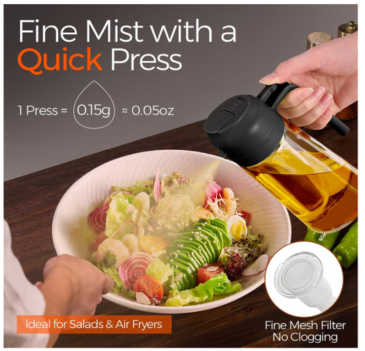 YARRAMATE Olive Oil Dispenser, 2 in 1 Oil Sprayer for Cooking, 16oz/470ml Glass Oil Spray Bottle for Kitchen, Salad, Frying, BBQ (Black)
