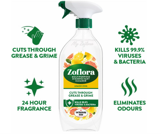Zoflora Lemon Zing Multipurpose Disinfectant Trigger Spray, 1 x 800ml, Antibacterial Multi-Surface Cleaner, Pet-Friendly, Kills 99.9% of Bacteria & Viruses