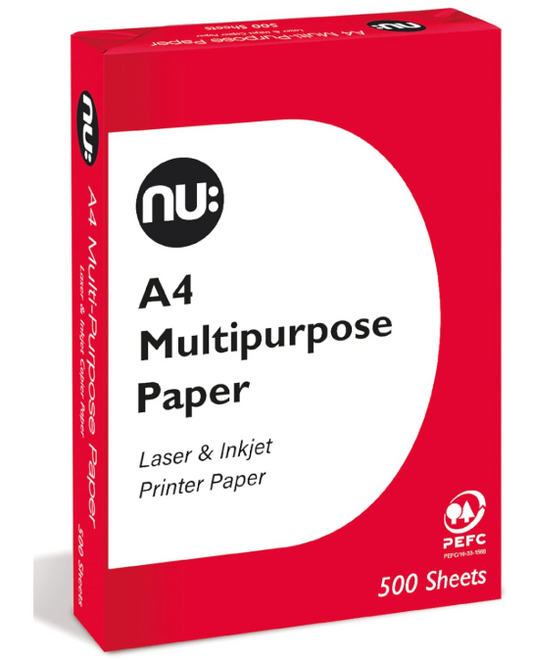 nu: A4 Multi-Purpose Printer Paper | White | 500 Sheets | Smooth Surface | Suitable for Inkjet, Laser & Copier Use | Ideal for Home & Office