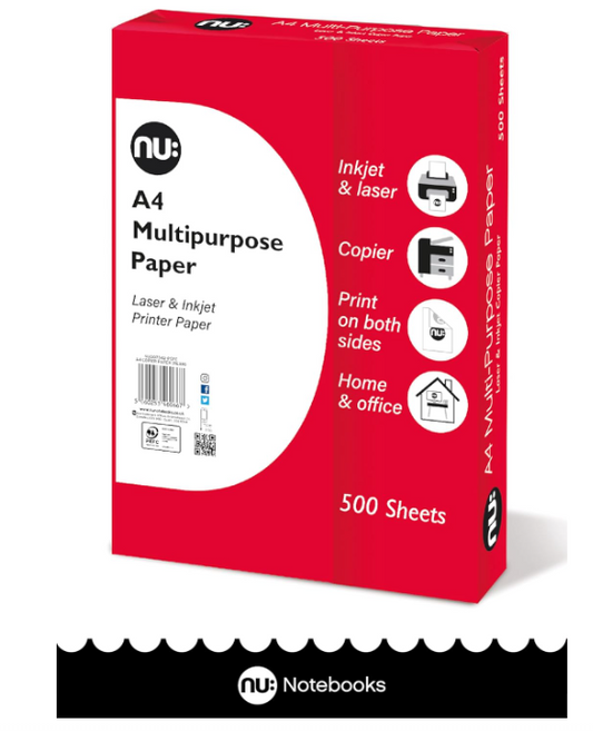 nu: A4 Multi-Purpose Printer Paper | White | 500 Sheets | Smooth Surface | Suitable for Inkjet, Laser & Copier Use | Ideal for Home & Office